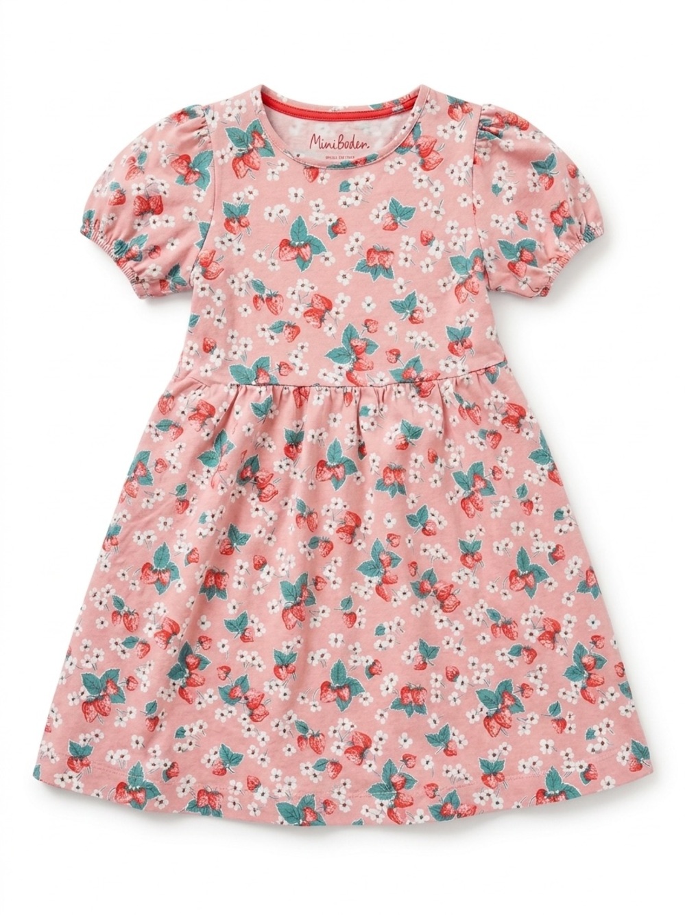 Mini Boden Pink Strawberry Print Puff-Sleeve Dress